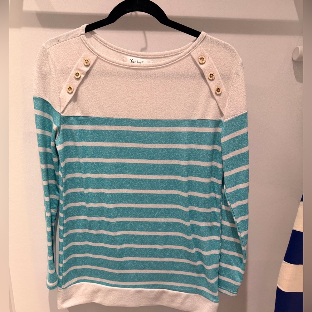 YunJey White and Teal Striped Top